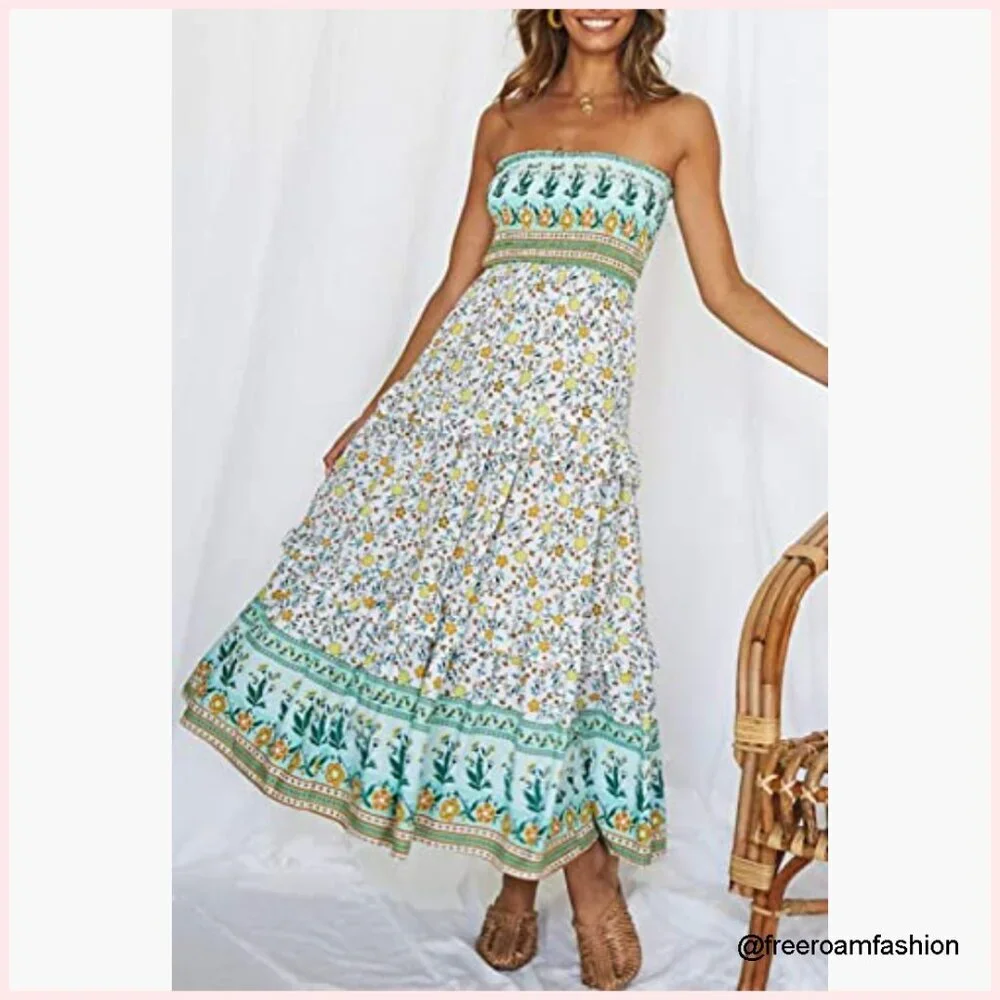 Strapless Maxi Dress Boho Floral Smocked Waist A-Line Summer Beach - Picture 5 of 7